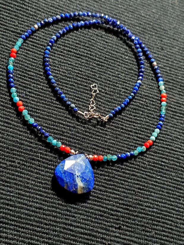 Colier argint lapias lazuli ciral apatit brioleta multicolor minimalist biho chic trendy