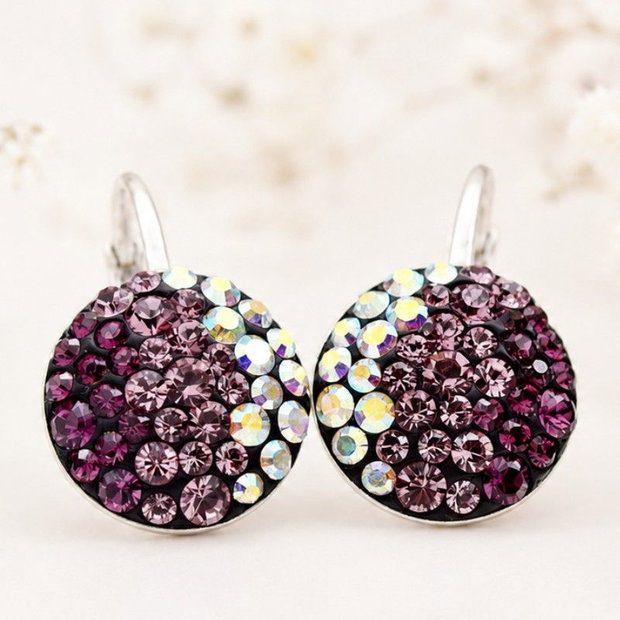 Cercei handmade cu cristale Chaton Ball Amethyst, tortite Leverback Argint 925