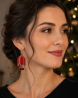 Cercei unicat clopoțel roșu din mărgele sticla Cehia și cristale Swarovski