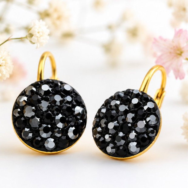 Cercei handmade Chaton Ball Black & Hematite, tortite Leverback  Argint 925 suflat cu aur