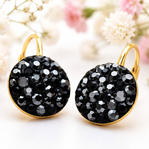 Cercei handmade Chaton Ball Black & Hematite, tortite Leverback  Argint 925 suflat cu aur