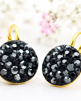 Cercei handmade Chaton Ball Black & Hematite, tortite Leverback  Argint 925 suflat cu aur