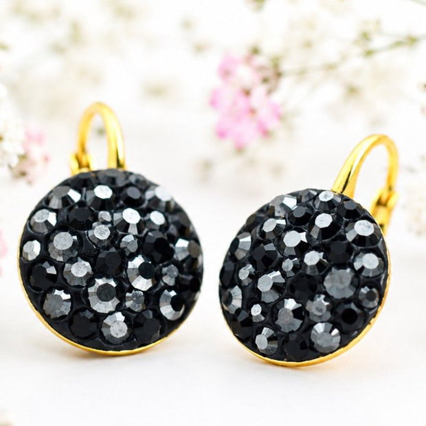 Cercei handmade Chaton Ball Black & Hematite, tortite Leverback  Argint 925 suflat cu aur