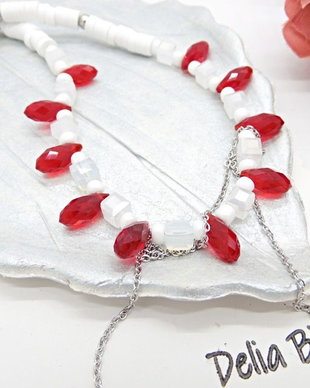 Colier handmade estival alb-roșu (cod1452)