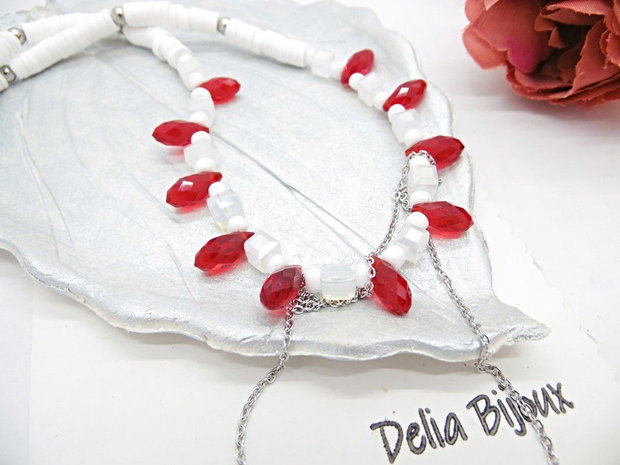 Colier handmade estival alb-roșu (cod1452)