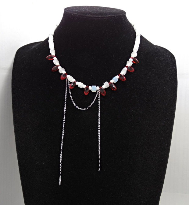Colier handmade estival alb-roșu (cod1452)