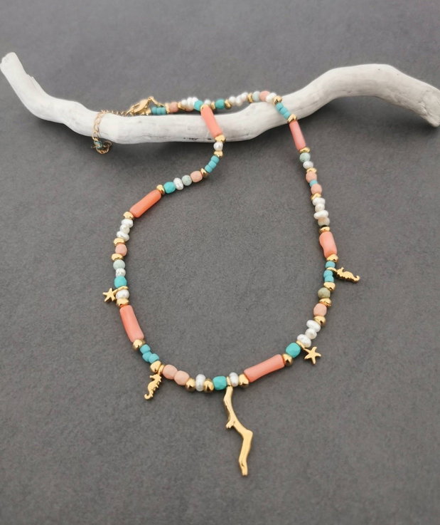 Colier perle de cultura, turcuaz si coral CP31