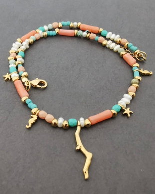 Colier perle de cultura, turcuaz si coral CP31