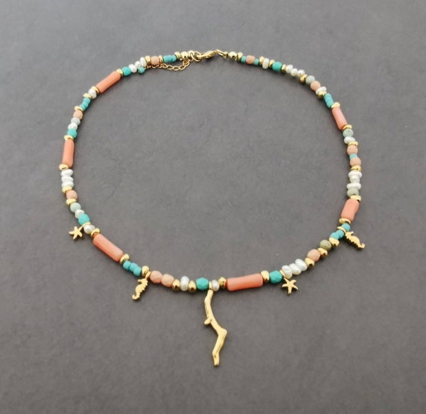 Colier perle de cultura, turcuaz si coral CP31
