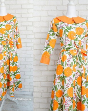 Rochie Camasa Portocale cu Guler Mare Rotund