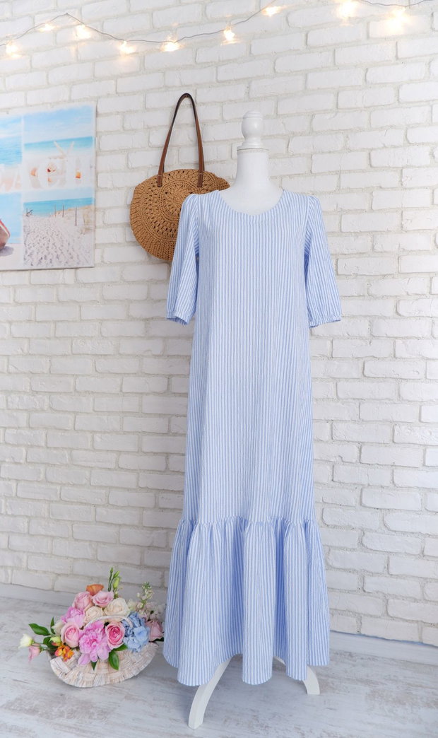 Rochie Lunga Volan Muselina Dungi Alb Bleu