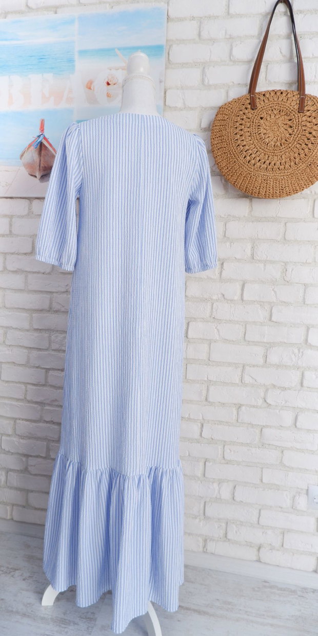Rochie Lunga Volan Muselina Dungi Alb Bleu