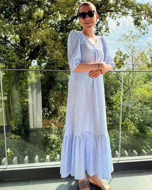 Rochie Lunga Volan Muselina Dungi Alb Bleu