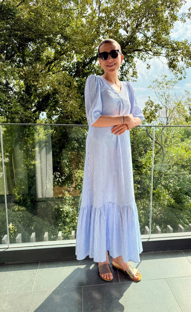 Rochie Lunga Volan Muselina Dungi Alb Bleu