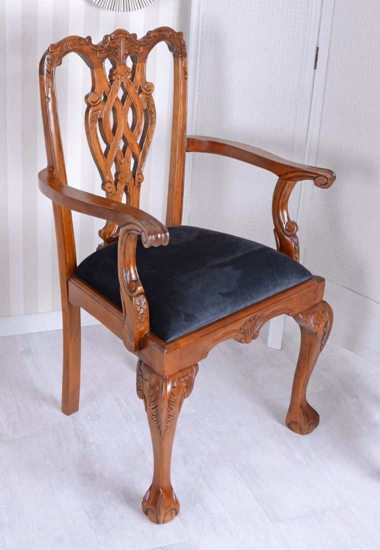 Scaun Chippendale din lemn mahon cu tapiterie neagra