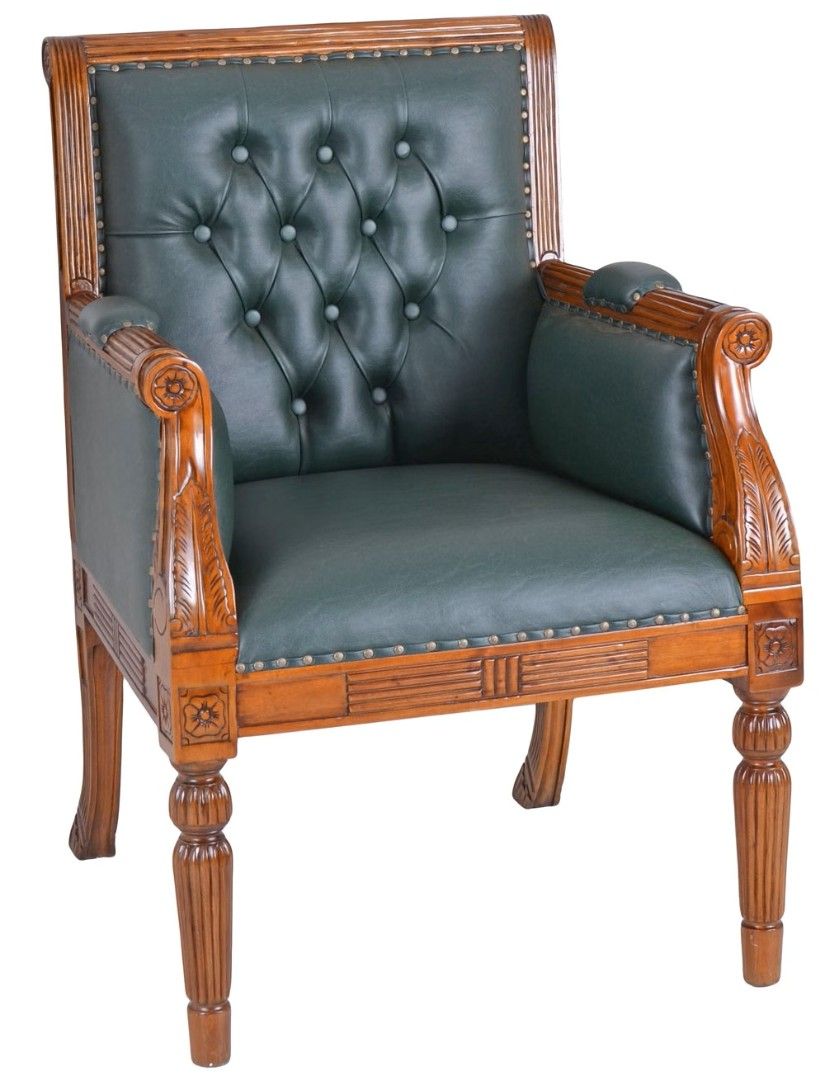 Scaun Chesterfield din lemn mahon cu tapiterie verde