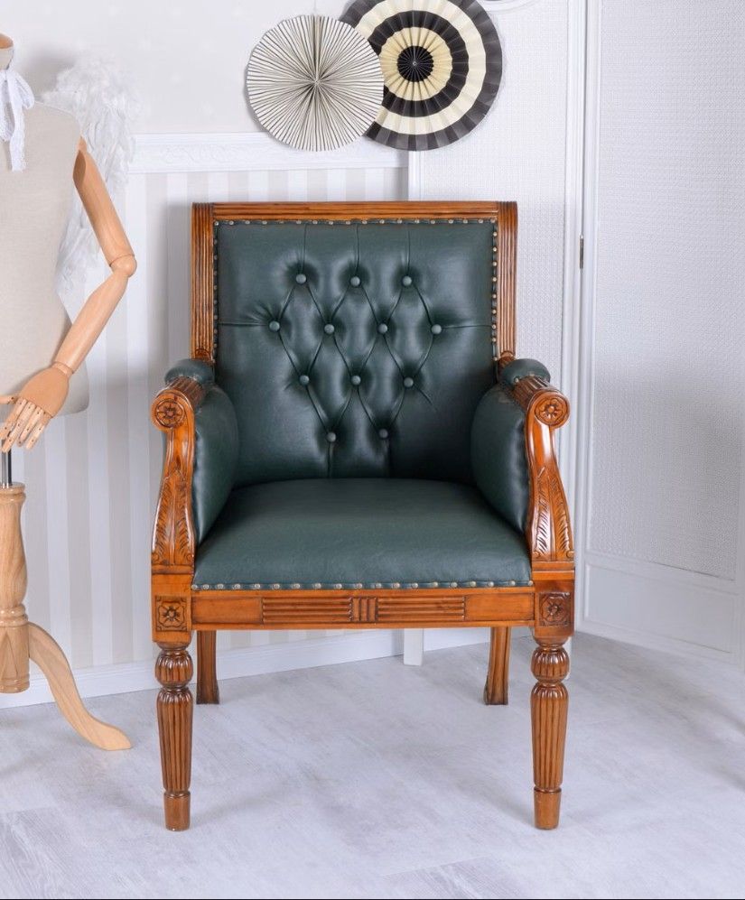 Scaun Chesterfield din lemn mahon cu tapiterie verde