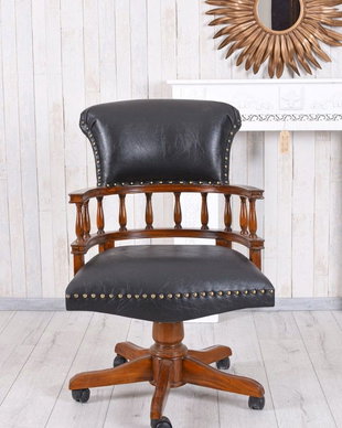 Scaun Chesterfield din lemn mahon cu tapiterie neagra