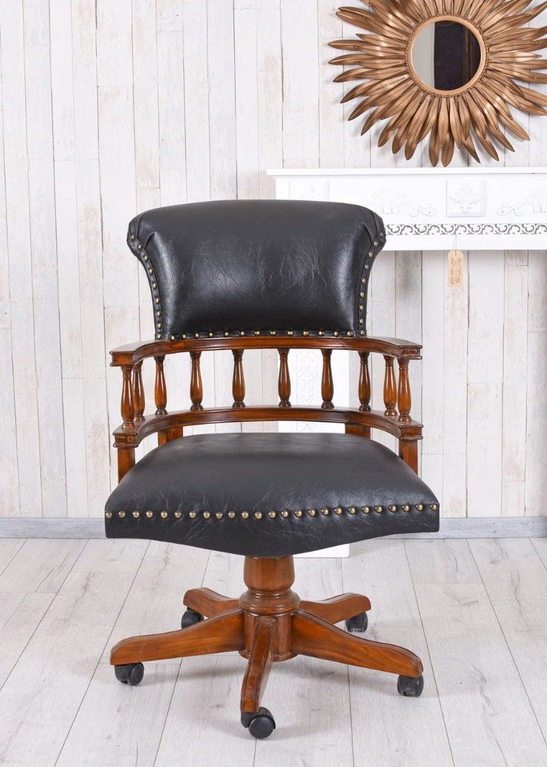 Scaun Chesterfield din lemn mahon cu tapiterie neagra