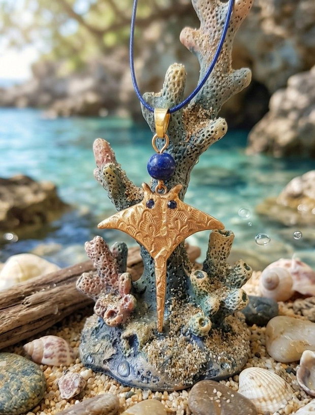 pandantiv de autor, in formă de pisică de mare, din bronz auriu cu cristale Swarovski si lapis