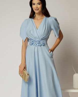 Rochie midi bleu de ocazie cu pliuri pe bust si cordon detasabi cu flori