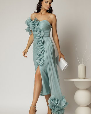 Rochie midi verde mint din voal peliculizat cu croi conic si volanase
