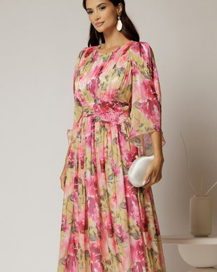 Rochie midi de ocazie cu imprimeuri fucsia din voal peliculizat cu perle pe talie