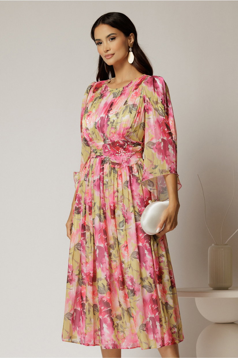 Rochie midi de ocazie cu imprimeuri fucsia din voal peliculizat cu perle pe talie