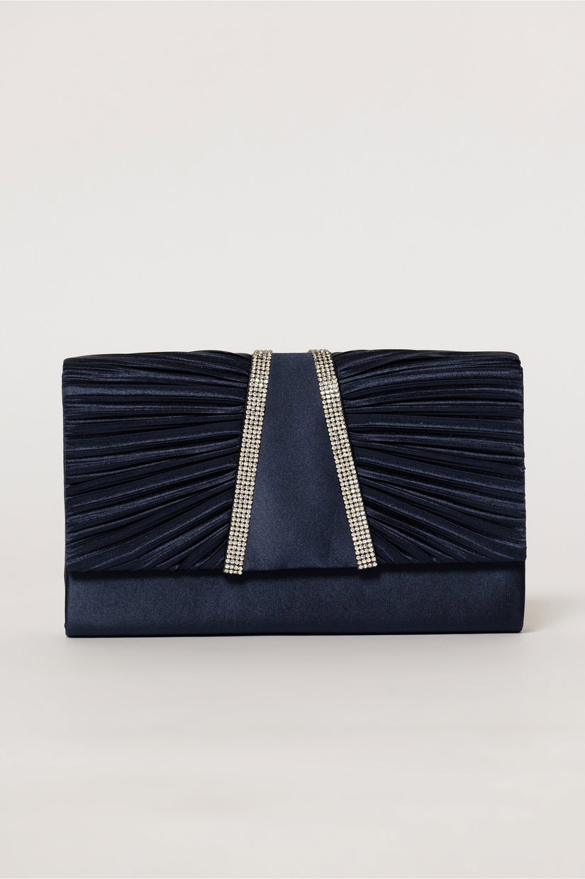 Clutch bleumarin satinat decorat cu benzi stralucitoare
