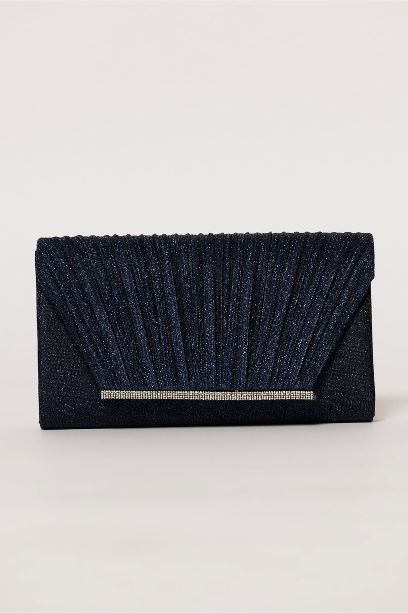 Clutch elegant bleumarin din lurex si detalii plisate