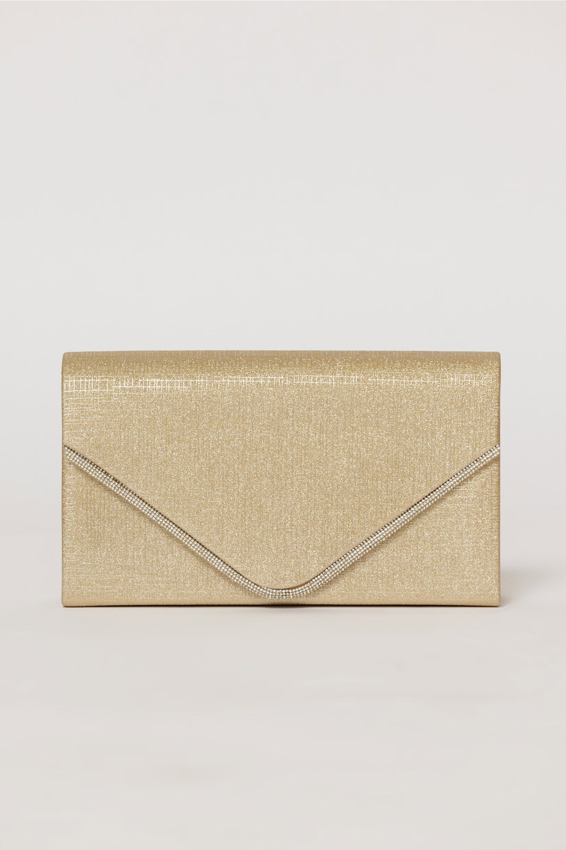 Clutch auriu elegant cu clapeta decorata cu strasuri