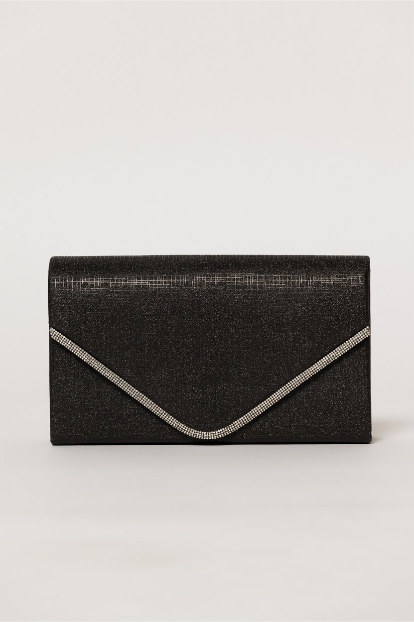 Clutch negru elegant cu clapeta decorata cu strasuri
