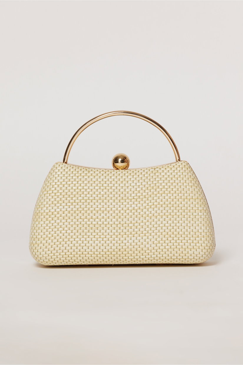 Clutch nude elegant cu maner auriu si design impletit