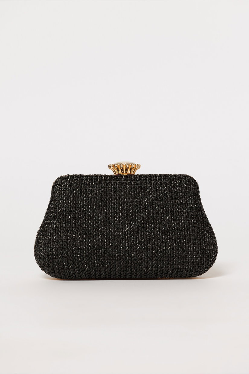Clutch negru din material textil impletit