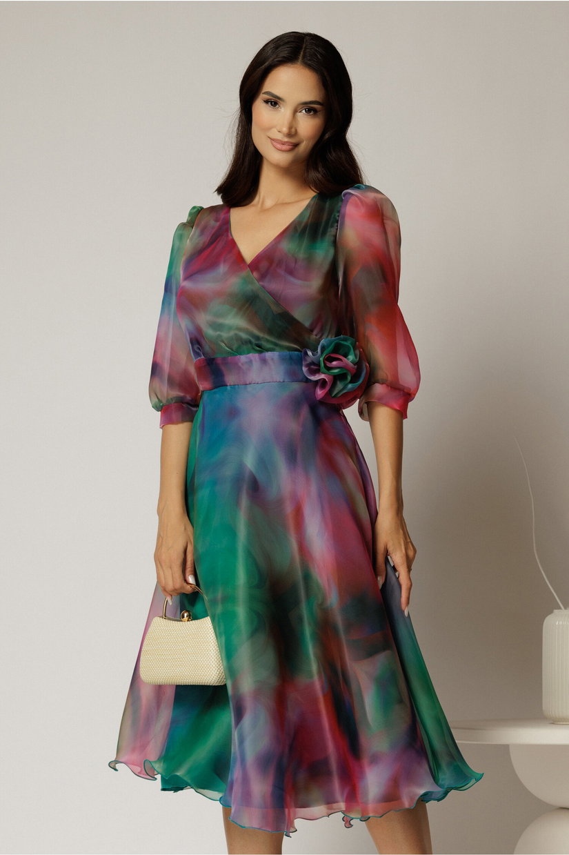 Rochie DY Fashion midi din organza cu imprimeuri verde fucsia