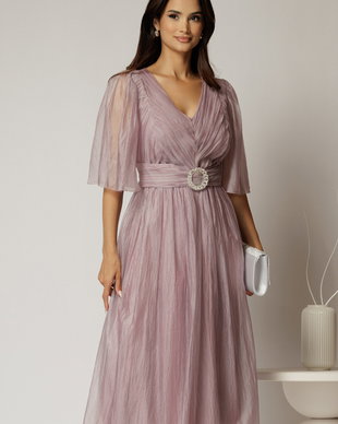 Rochie midi lila de ocazie din matase sintetica creponata