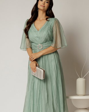 Rochie midi verde menta de ocazie din matase sintetica creponata