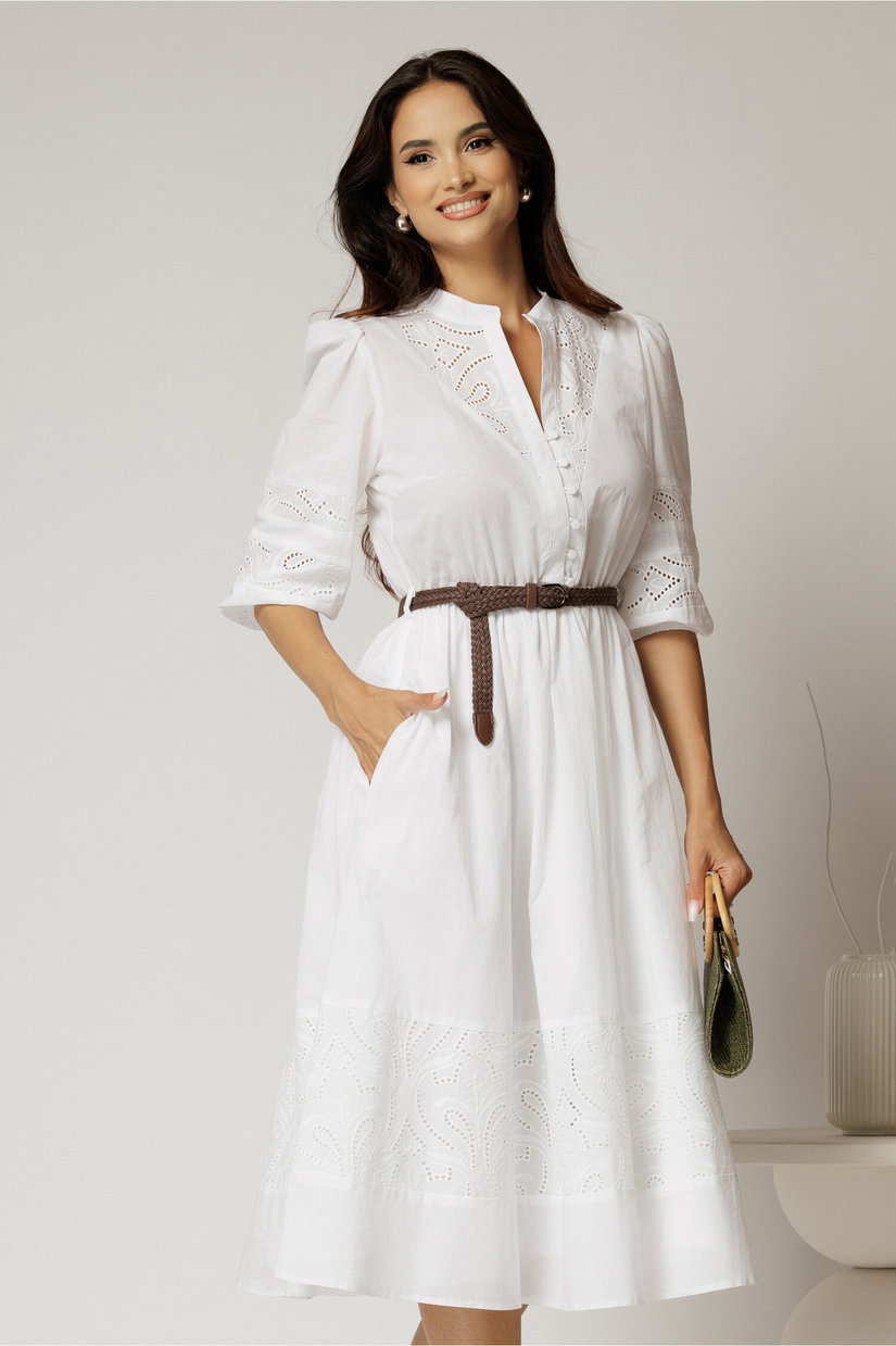 Rochie DY Fashion alba din bumbac cu insertii perforate si curea in talie