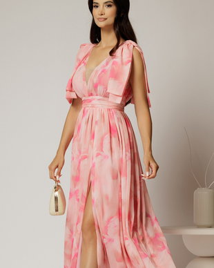 Rochie DY Fashion din voal creponat cu imprimeuri roz si funde ample pe umeri