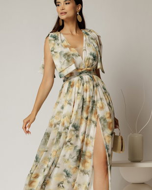 Rochie DY Fashion din voal creponat cu imprimeuri galbene si funde ample pe umeri