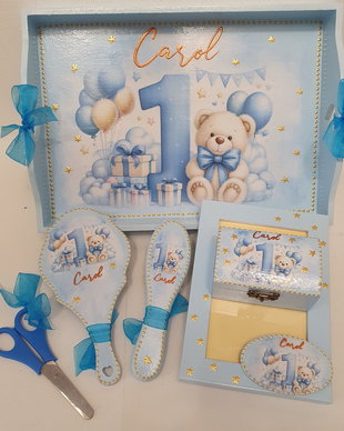 Set personalizat pentru taierea motului / tema ursulet, cifra 1, bleu