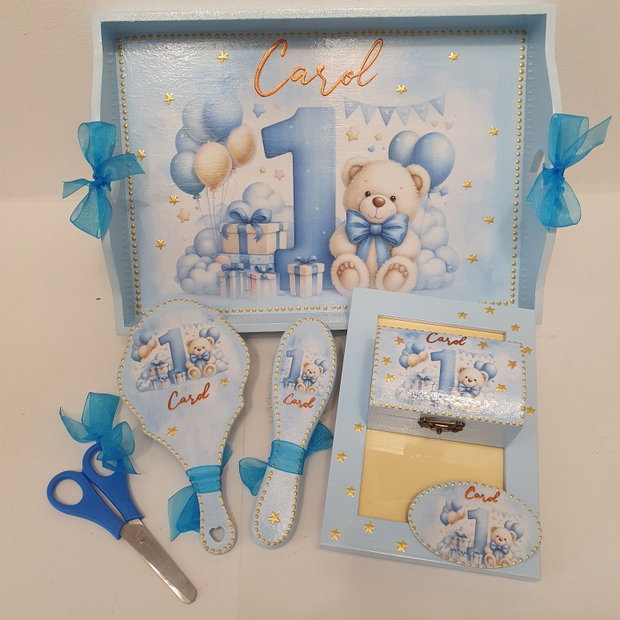 Set personalizat pentru taierea motului / tema ursulet, cifra 1, bleu