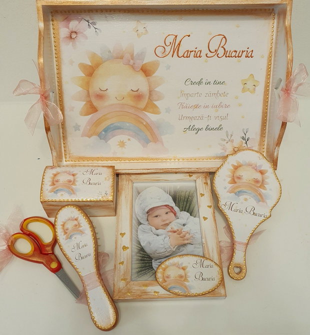Set personalizat pentru taierea motului / tema Soare si curcubeu