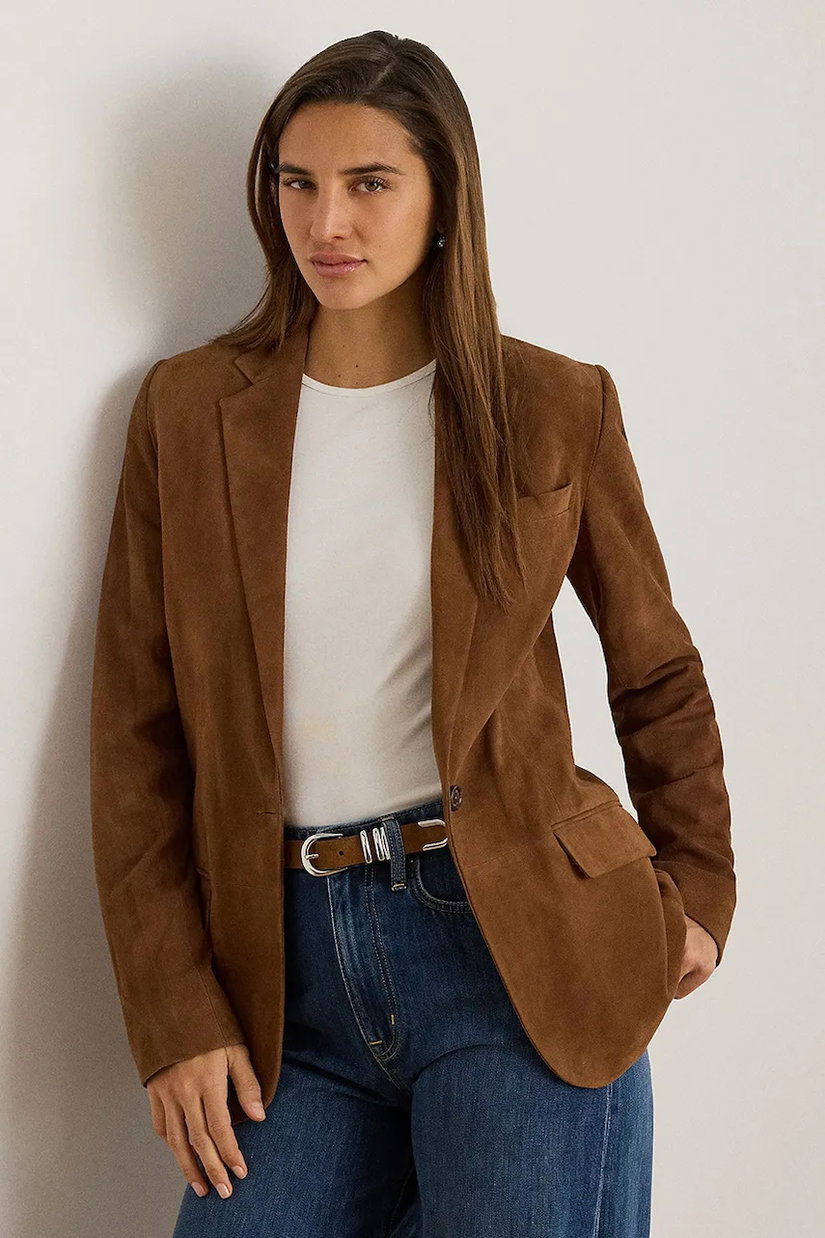 Lauren Ralph Lauren sacou cu un singur rând de nasturi pentru femei din piele întoarsă