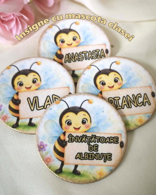 Insigne personalizate cu mascota clasei - tema albinute