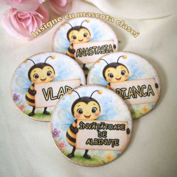Insigne personalizate cu mascota clasei - tema albinute