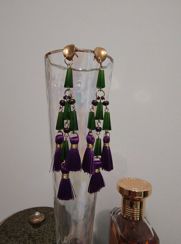 Cercei candelabru sticla mov verde