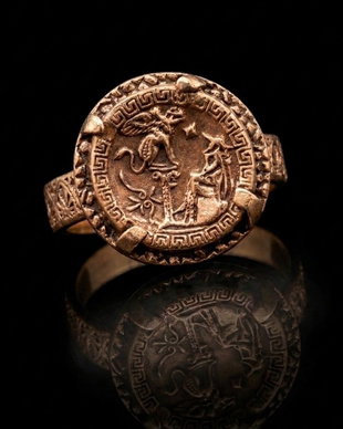Inel unicat, din bronz, inspirat din mitologia si estetica Greciei antice, cu moneda centrala reprezentand legenda confruntarii dintre Oedip si sfinx si cu banda decorata cu un meandru