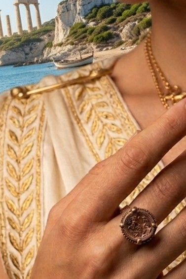 Inel unicat, din bronz, inspirat din mitologia si estetica Greciei antice, cu moneda centrala reprezentand legenda confruntarii dintre Oedip si sfinx si cu banda decorata cu un meandru