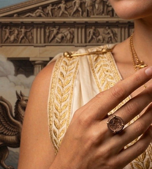 Inel unicat, din bronz, inspirat din mitologia si estetica Greciei antice, cu moneda centrala reprezentand legenda confruntarii dintre Oedip si sfinx si cu banda decorata cu un meandru